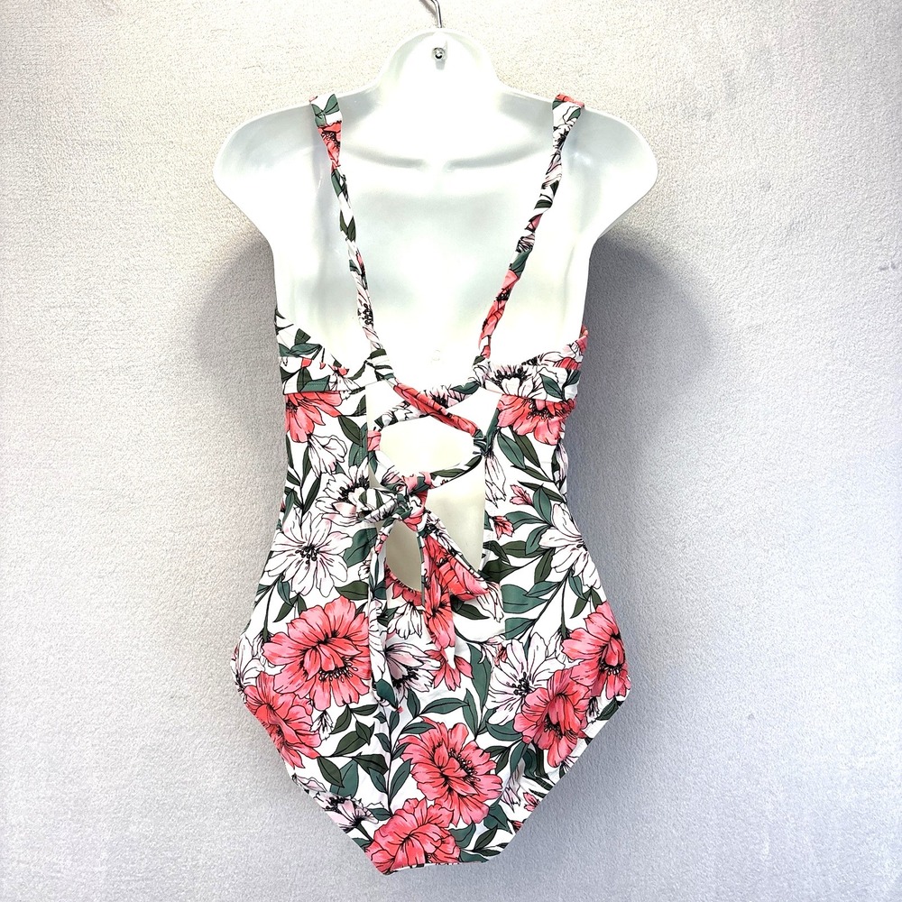Women's One Piece Ruched Swimsuit Large Floral Tank Built-In Bra Lined Feminine - Picture 2 of 12